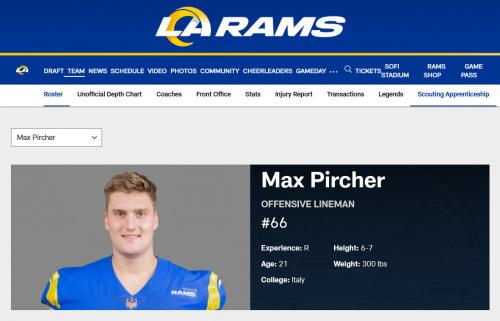 La pagina di Max Pircher sul sito dei Los Angeles Rams